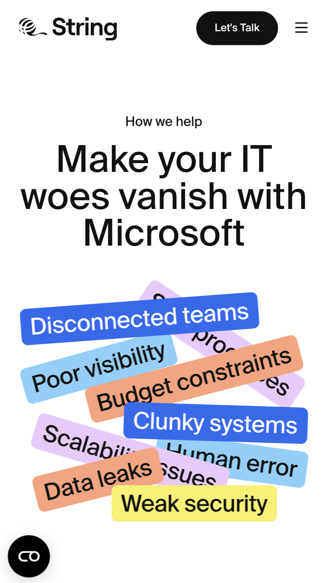 String Systems — mobile view showing page header.