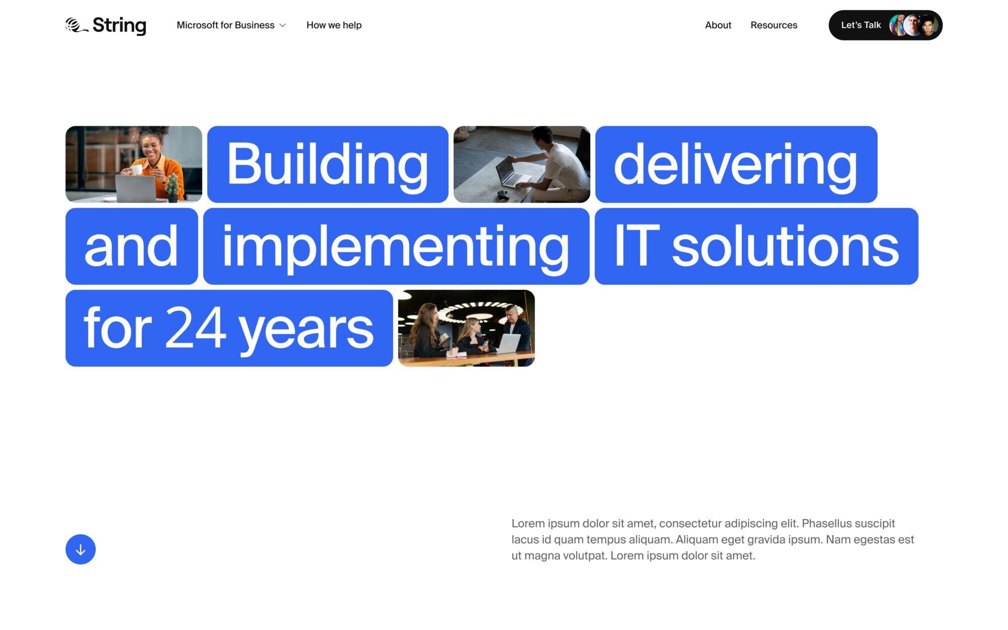 String Systems — desktop view showing page header.