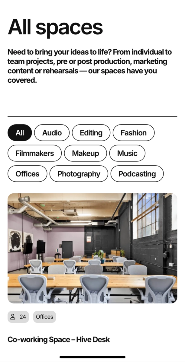 Hive — mobile view showing facilities
