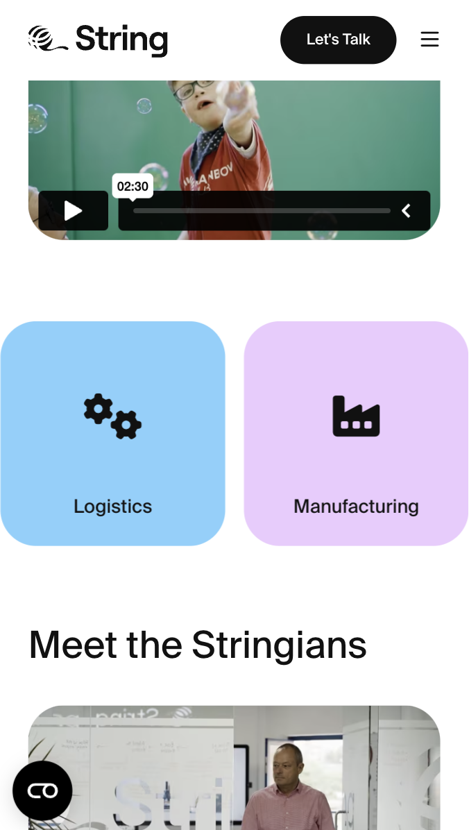String Systems — mobile view showing page header.